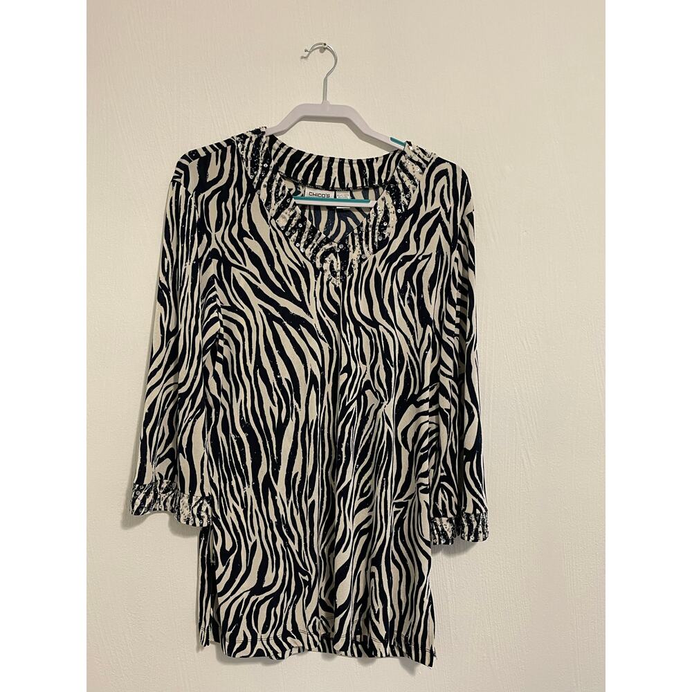 Chicos Travelers Top Size 3 (XL) NAVY Zebra Print Mob Wife Safari W/Sequins